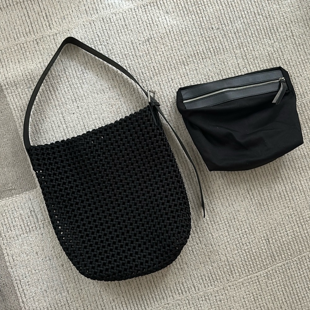 Black nylon woven tote bag